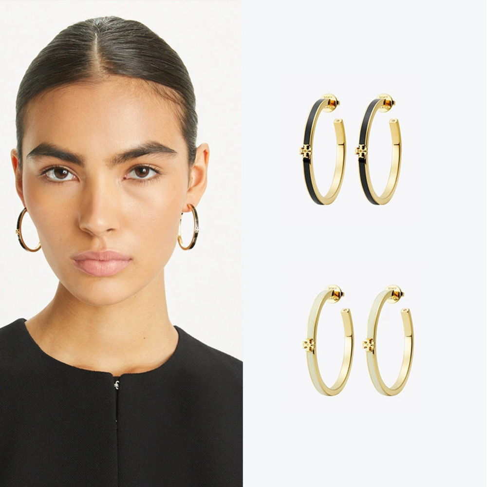 Tory Burch Gold Plated Double Circle Enamel Hoop Earrings